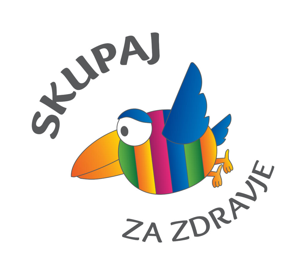 Napis Skupaj za zdravje. Simbol programa je barvit ptič.